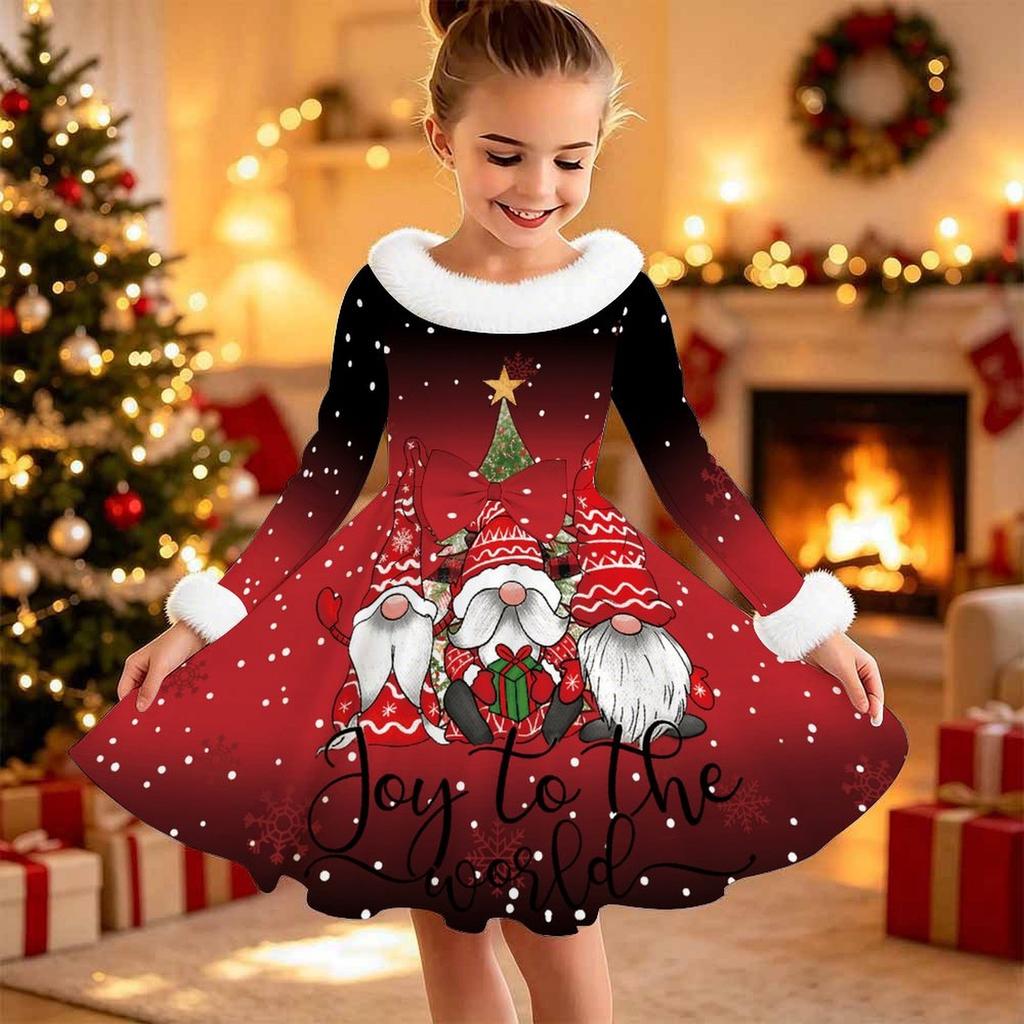 Kids Long Sleeve Christmas Dress, Merry Christmas Print Faux Fur Collar Bow Decor Princess Dresses for Girl Holiday Party Wear