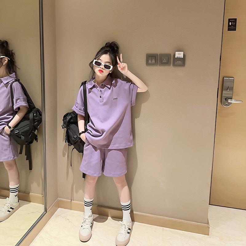 

Летний костюм для отдыха для девочек, спортивная одежда, детская летняя повседневная одежда, детский корейский костюм из двух частей с короткими рукавами для девочек 110 фиолетовый
