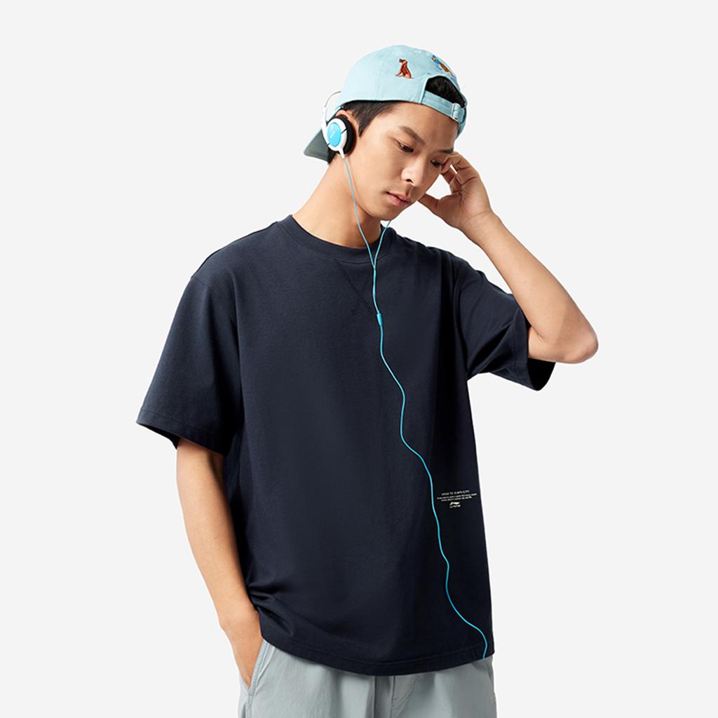 Li-Ning Comfortable Casual Simple Moisture-Wicking Printed Drop-Shoulder Loose Short Sleeve T-Shirt Unisex Tops Deep-Dark-Blue AHSV177-4