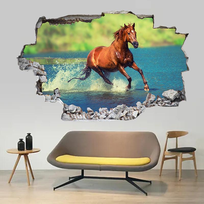 Plakat ze zwierzętami Dziura w ścianie Sztuka Biegnący Dobry Koń Winyl Naklejki Muralowe Do Salonu
