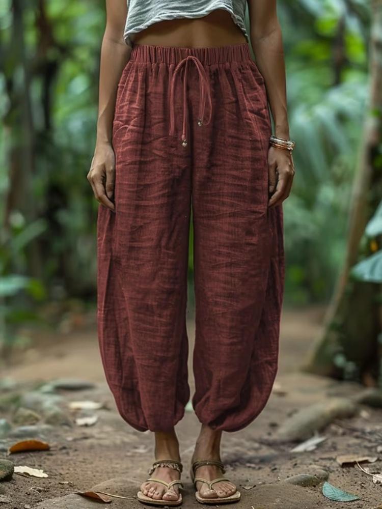 Loose Linen Pants | Comfortable and Easy Design with Fake Drawstring, Solid Color, All-season Wear