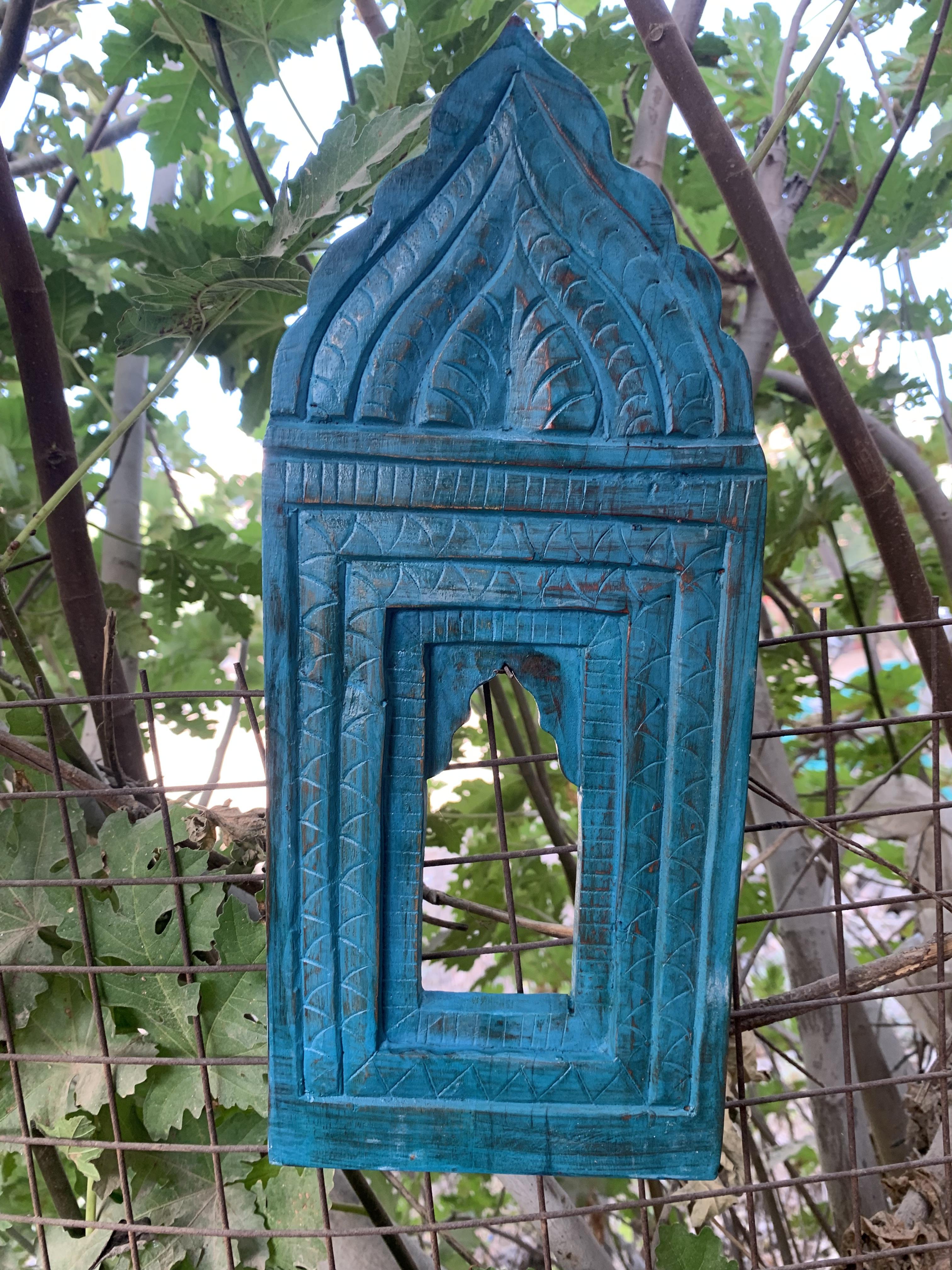 

Antique Finish Turquoise Jharokha – Handmade Wooden Wall Accent 13.5 x 5.5 x 1 (h x l x w) approx.