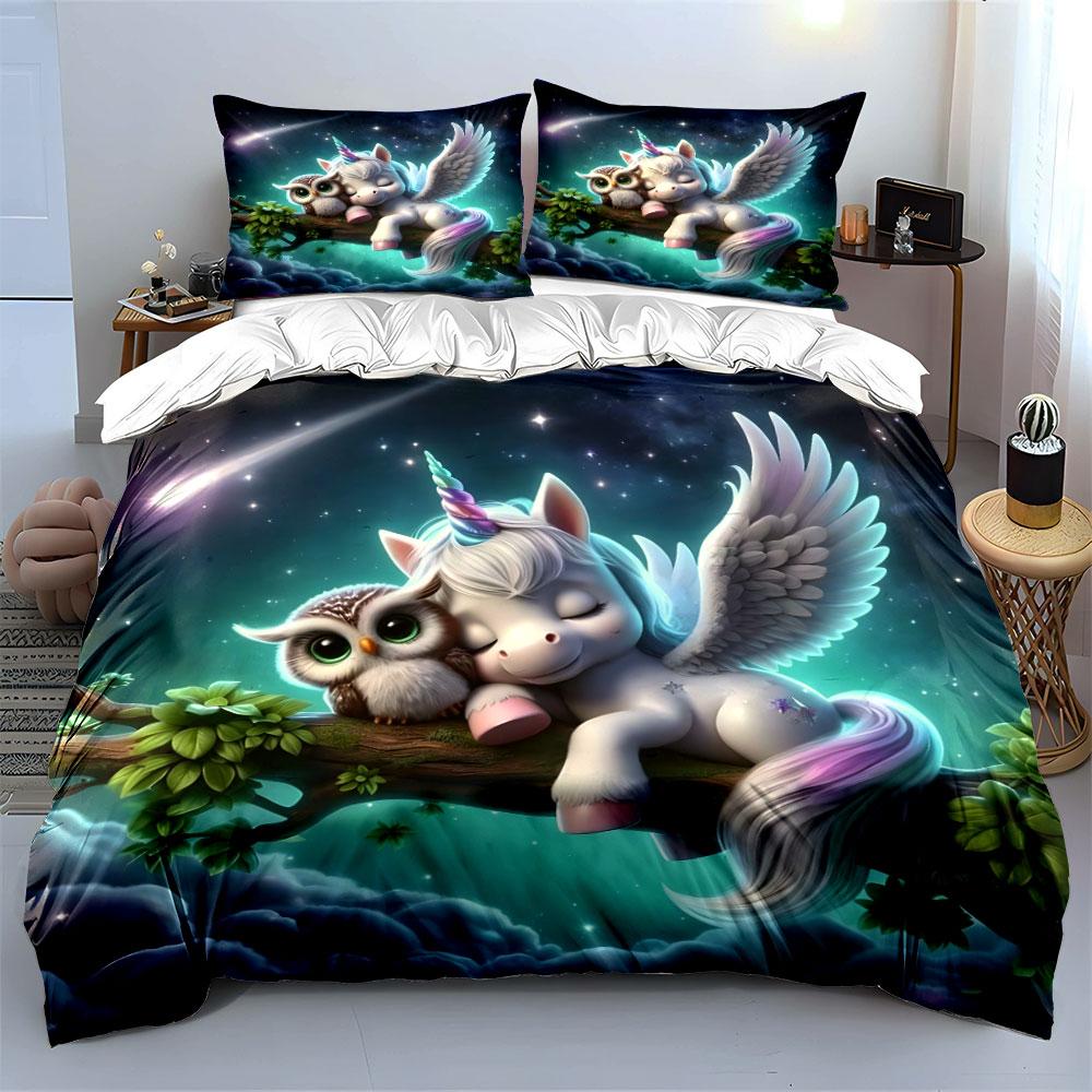 3Pcs Dreamy Unicorn And Owl Cuddling Duvet Cover Set With 3D Printing Design Soft Polyester Bedding Set All-Season Comfort