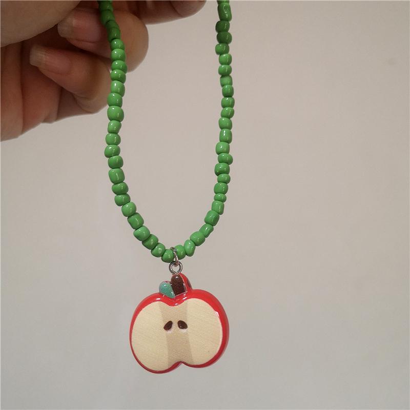 2026 Trendy Y2K Cute Resin Red Fruit Pink Heart Pendant Green Bead Choker Necklace Women Vintage Aesthetic Vacation Accessories