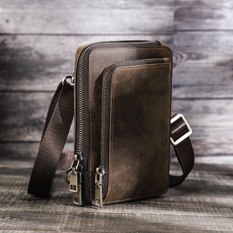 Retro Crazy Horse Leather Phone Bag Outdoor Portable Shoulder Crossover Multi Functional Waist Large Screen Phone Storage Bag