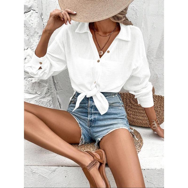 Doppel-Knitterhemd Einfarbig Revers Locker Langarm Knopfleiste Damenoberteil