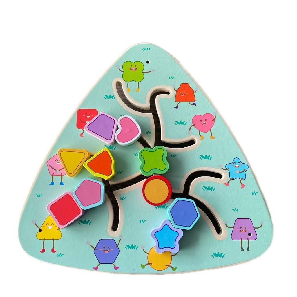 1Pc Triangular Wooden Track Pairing Toy Cartoon Slider Movable Color Shape Recognition Game Suitable For Children Ages 3+