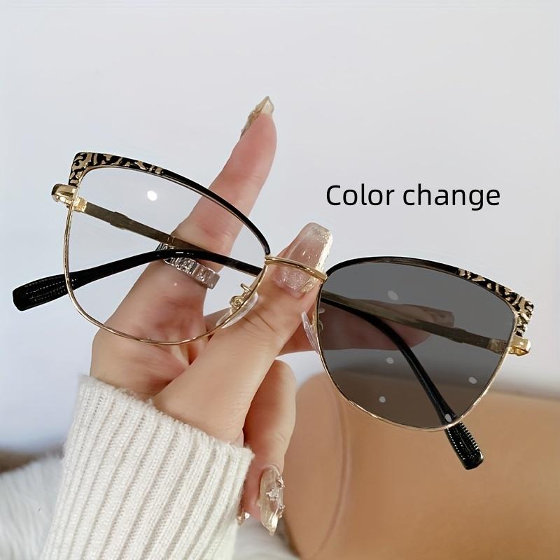 1Pcs Fashionable New Cat Eye Frame Women'S Trendy Metal European And American Flat Mirror Color Changing Anti Blue Light Glasses