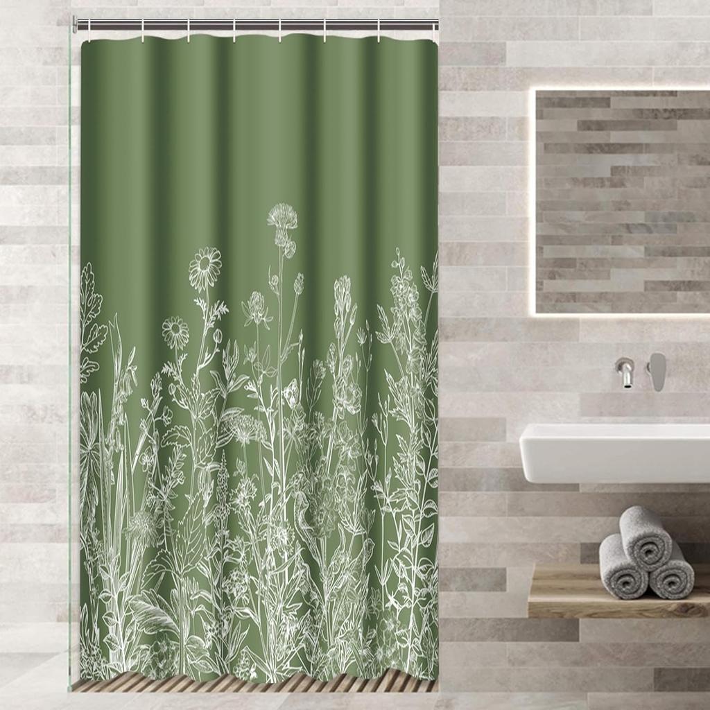 Duschvorhang floraler Rand Kräuter und Wildblumen Pflanzen Vintage Gravur hellgrauer Hintergrund schwarzer Polyesterstoff