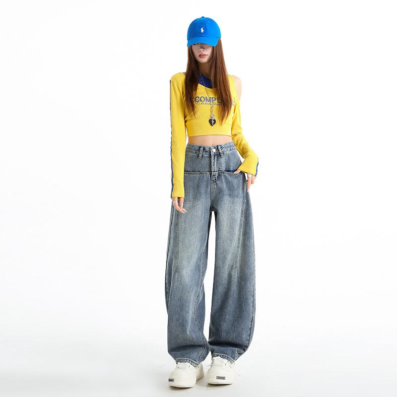 2026 Spring Blue High Waist Floor-Length Jeans for Women M