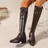Black Thick Heels Knee High Boots for Women Autumn Winter Pu Leather Long Boots Woman Slip On Pointed Toe Botas Mujer Size 42