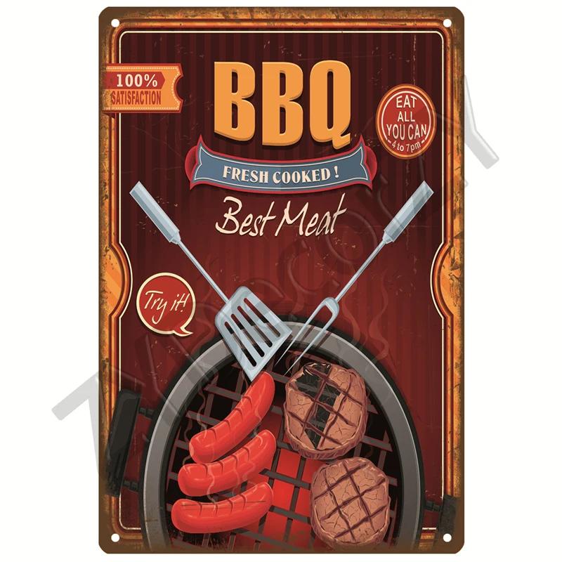 Retro BBQ Tin Sign - Vintage Wall Posters & Metal Decor - Decorative Wall Plate for Kitchens, Patios & Barbecue Themed Spaces