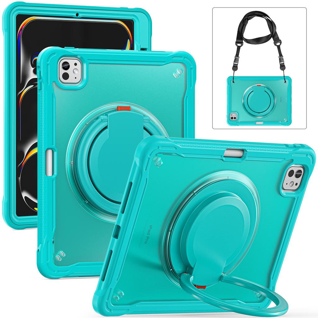 For iPad Pro 11 (2025)/11 (2024) Case Rotary Kickstand PC+TPU+Silicone Cover with Shoulder Strap