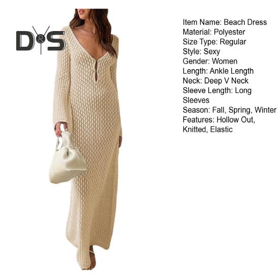 Women Beach Dress Low cut V Neck Knitted Hollow Out V shaped Back Elastic See through Summer Vacation Beachwear Bikini Coverup Swimsuit Maxi Dress