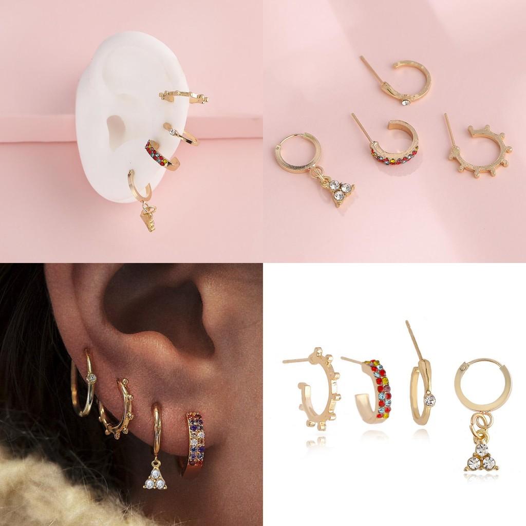 Stylish Geometric C-shaped Earrings Set Fashionable Rhinestone Adorned Jewelry