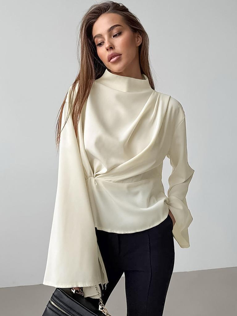 Chiffon High-End Slit Women's Shirt Spring Summer New Arrivals Apricot Color Ruched Long Sleeve Top for Women