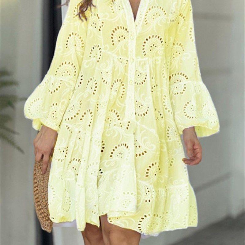 Cross Border Solid V-neck Embroidered Hollow Lace Dress