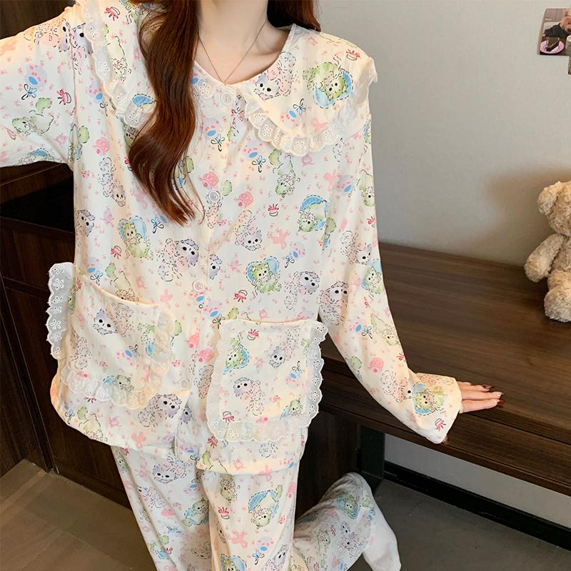 Sweet Little Cat Print Women's Pajamas Funny Cute Cloud Cotton Nightwear Fashion Colorful Chic Spring New Homewear