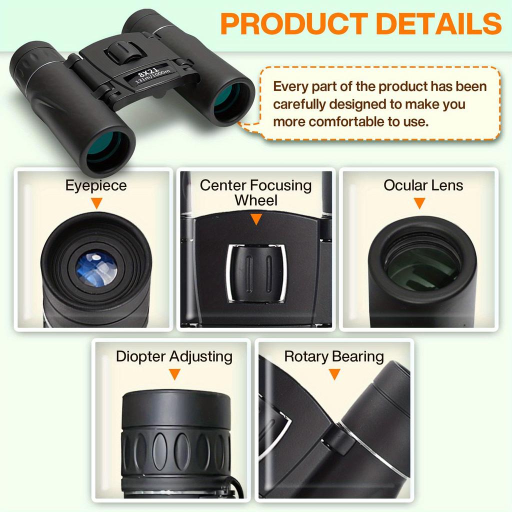 8x21 Binoculars High Magnification Low Light Night Vision Portable Binoculars for Outdoor Camping Bird Watching Travel Concerts