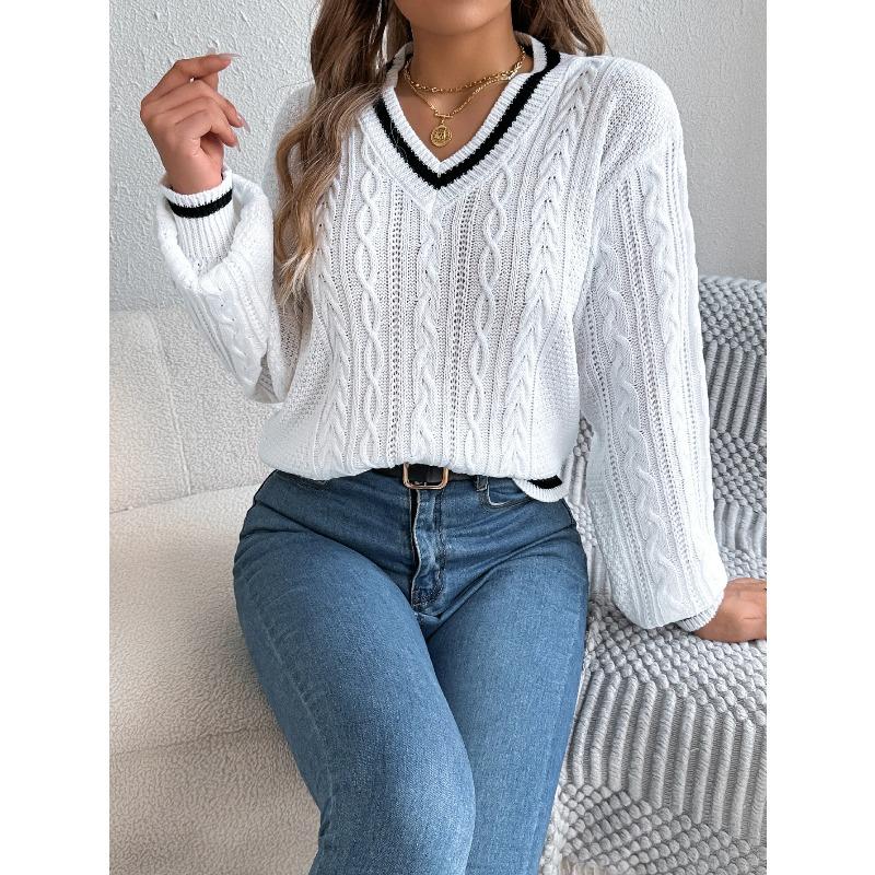 Women's V Neck Cable Knit Sweater Color Block Long Sleeve Loose Casual Knitted Pullover Jumper