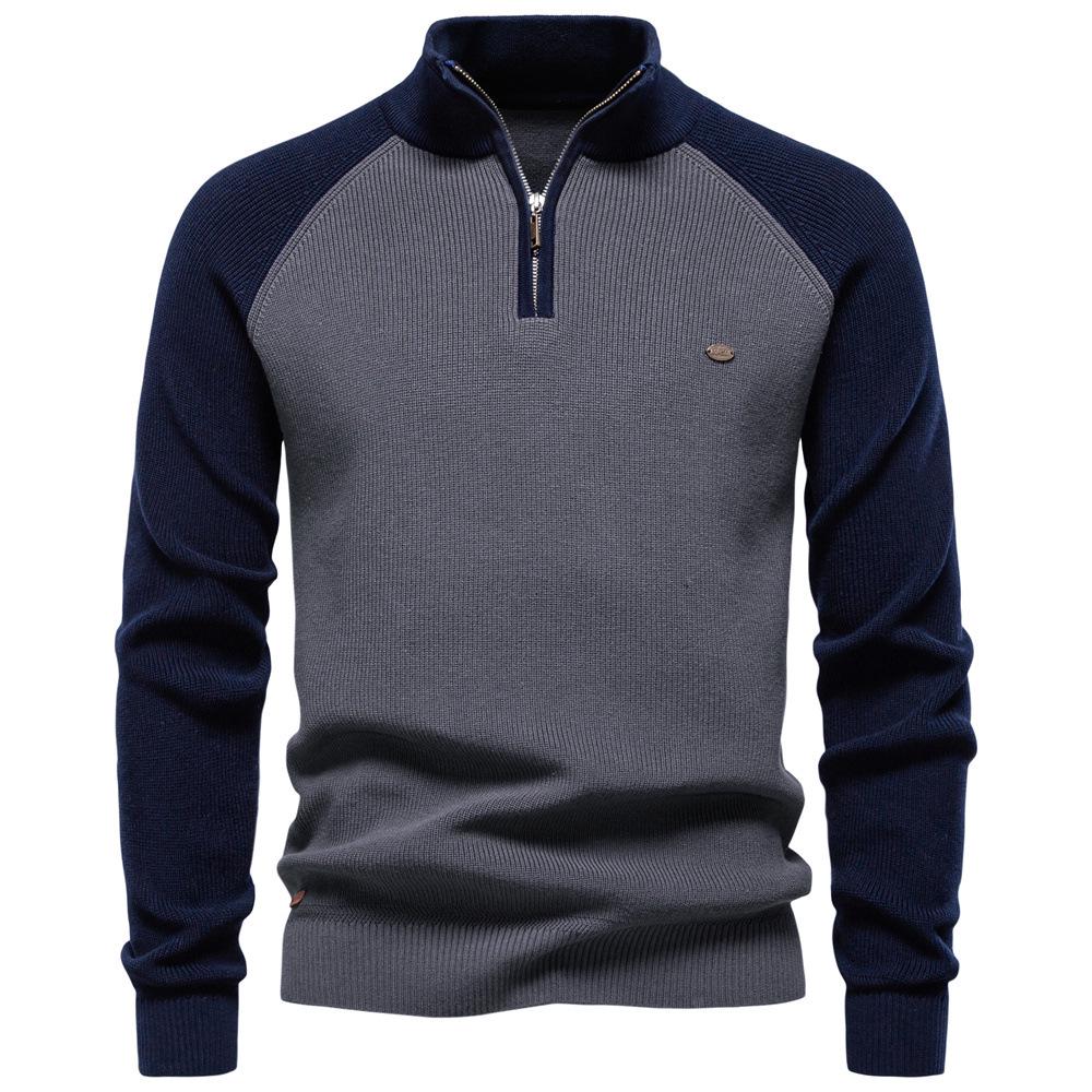 Men's European Stand Collar Half-Zip Sweater - Solid Color, Versatile Fall/Winter Style, Long Sleeve Trendy Casual Wear.