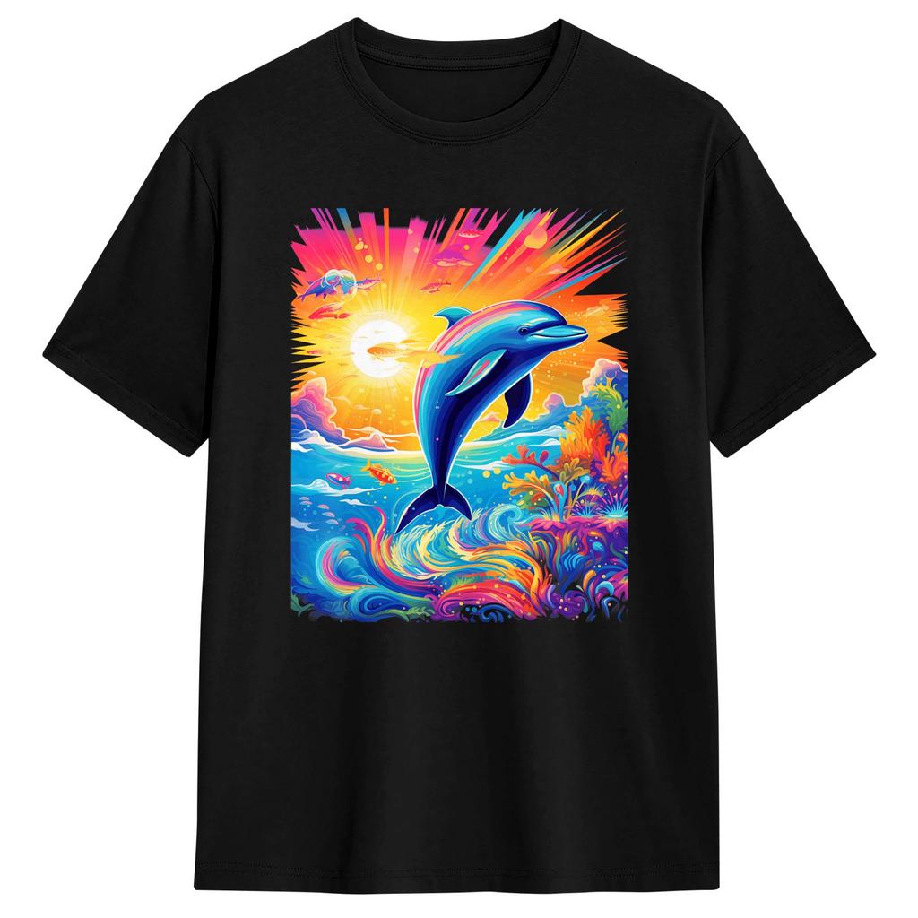 Dolphin Colorful Rainbow Oceanscape Tshirt Summer Streetwear Tshirts 100 Cotton Fashion Tshirt For Unisex Casual Clothes