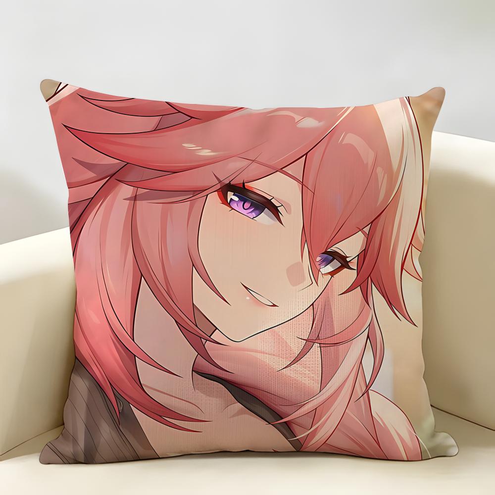 Yae Miko Genshin Impact Cushion Cover Natural Linen Organic Fabric DoubleSided Printing Room Sofa Decor Pillow Case