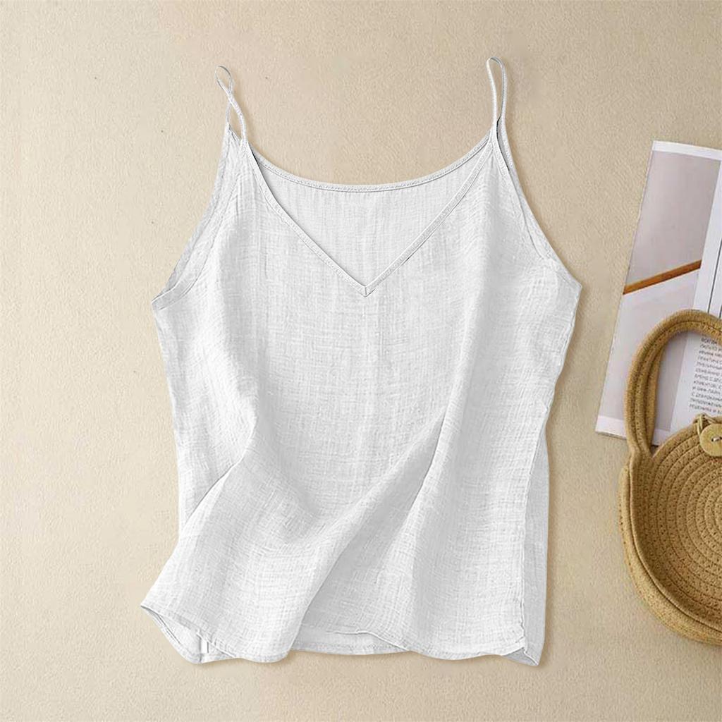 Dames V-hals Mouwloze Tanktop Camisole Lichtgewicht Linnen Stof Losse Pasvorm Basic Casual Vest Blouse voor de Zomer