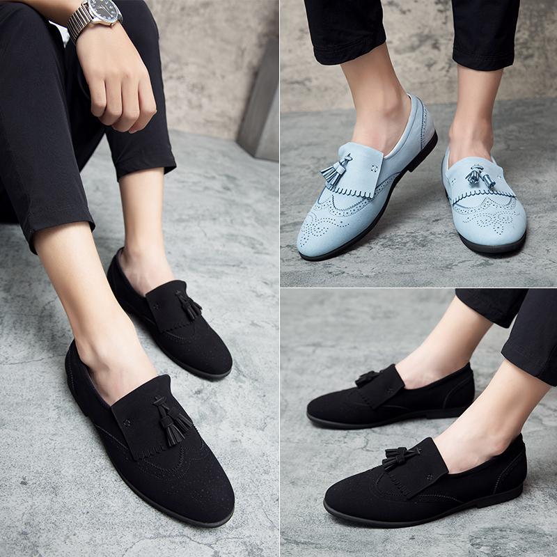 

British style men s one-pedal foot cover lazy casual leather shoes four seasons Korean version trend pointed tassel men s shoes 38 чёрный