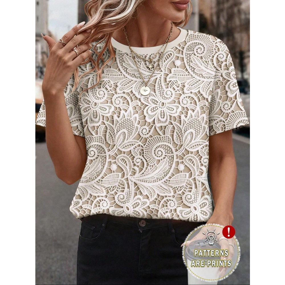 Women's Round Neck Short Sleeve Tee Regular Fit Elegant Casual Top Lace Floral Print Fashion Blouse