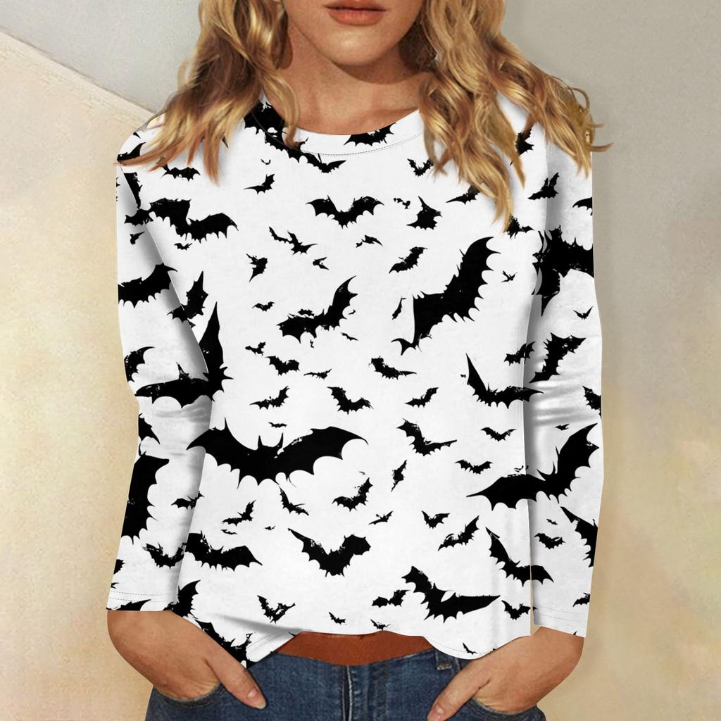 Women's long-sleeved loose-necked Halloween print casual top , suitable for holiday parties