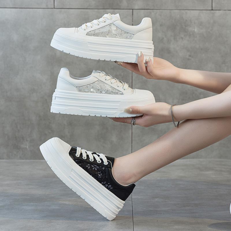 2025 Summer New Thick Baseplate Shoes Women's Fashion Lace Mesh Versatile Temperament Little White Shoes Breathable