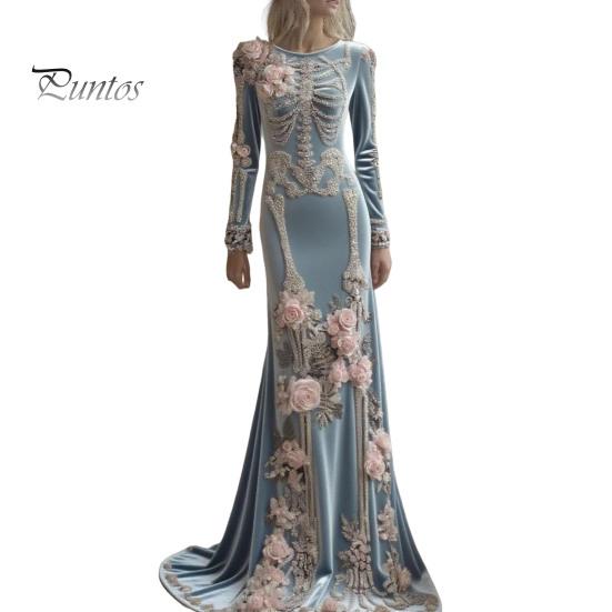 Halloween Cosplay Costume Women Skeleton Print Maxi Dress, Gothic Long Sleeve Dress with Velvet 3D Flower Decor, Floral for Party