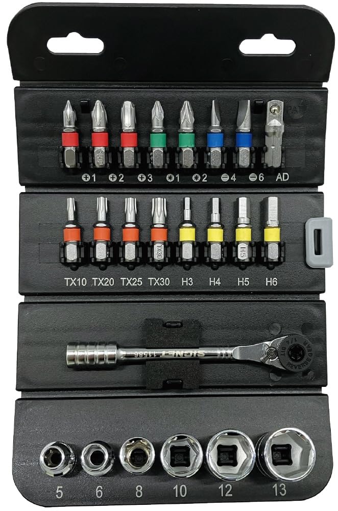 SIGNET Compact Storage Square Socket Bit Set with Ratchet Ideal for and Car Roll Choice 27002 1/4" Handle, 23-Piece Set, DIY, Bicycles, Tools,