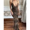 Western Style Gyaru Sexy Summer New Leopard Print Print Pockets Collar Backless Lace-up Sling Dress Long Dress Women