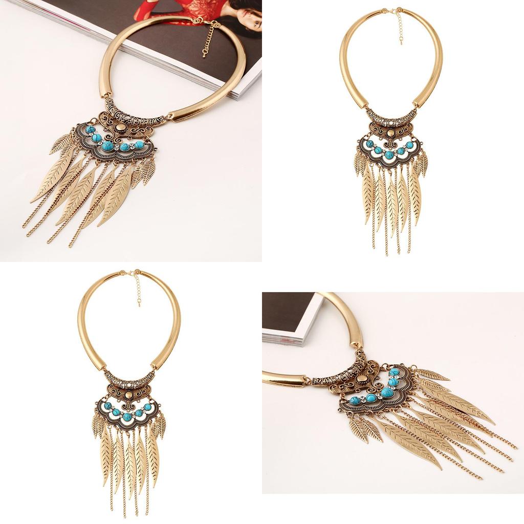 Vintage Gold Leaf Pendant Necklace With Tassel For Boho Fashion And Casual Wear
