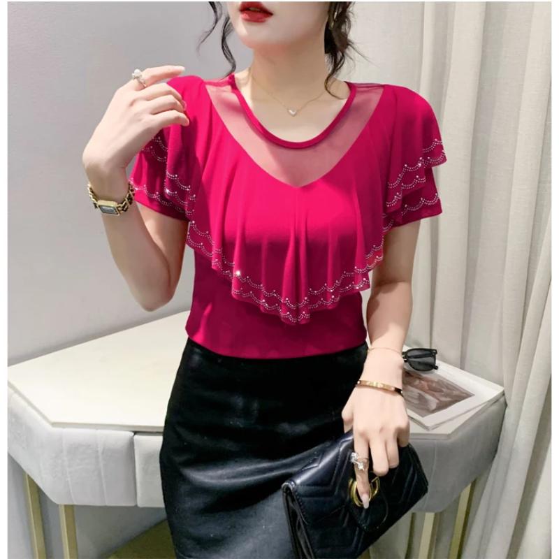 New Chic Summer Elegant Women T-Shirt Clothes Sexy Luxury Shiny Diamonds Tops Short Sleeved Ruffles Mesh Tees Blusas