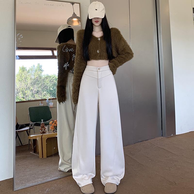 2025 Autumn/Winter Women's High-Waisted Slim Fit Apricot Suit Pants - Flattering Casual Drapey Straight Leg, Versatile Wide-Leg