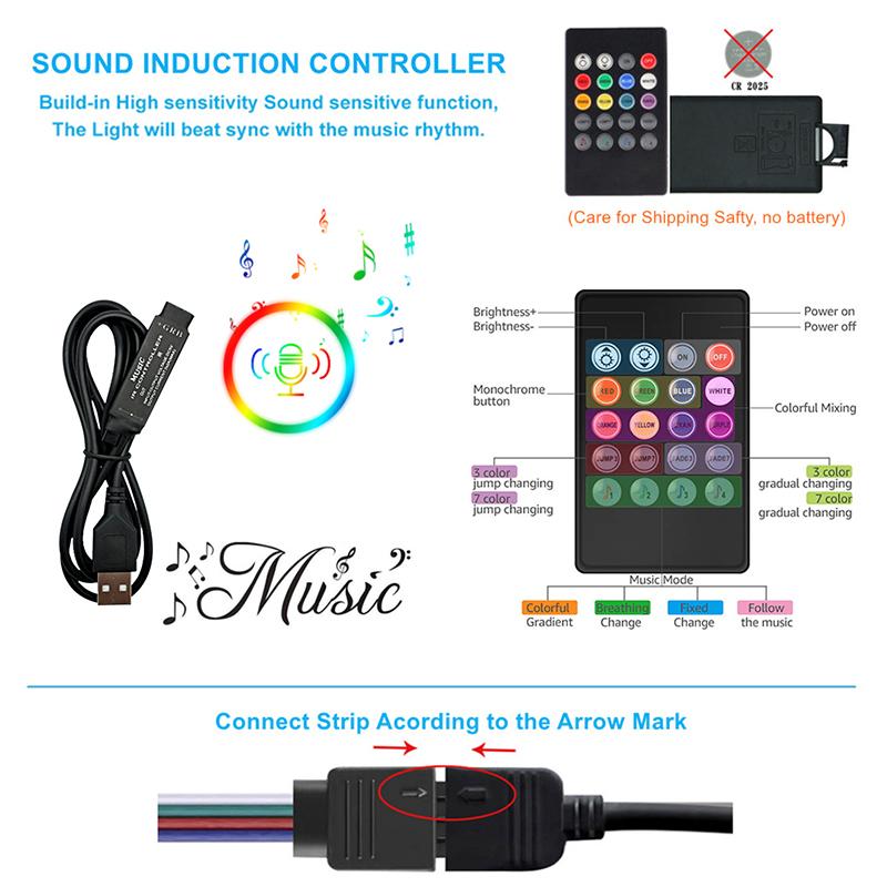 LED Light Strip RGB 5050 TV Backlight USB Powered Color Changing Lights Voice Control Mode Music Sync For Room Decoration TV