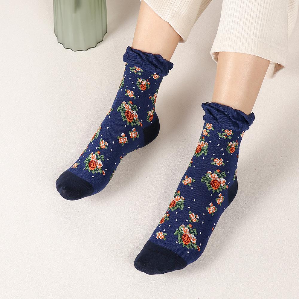 Retro Ethno-Stil Kinder Knöchelsocken, Trendige Sommer- und Frühlings-Leichte Blumen-Kristallseide Frottee-Lange Socken