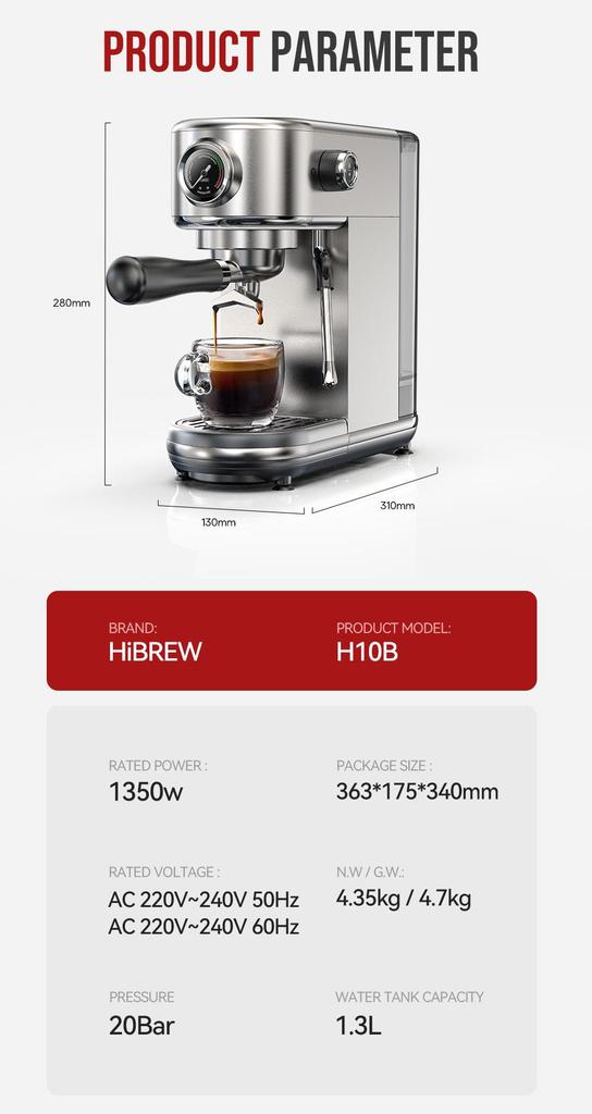 HiBREW H10B Espresso Coffee Machine, 20Bar Extraction Pressure, Semi-Automatic, Adjustable Temperature & Cup Volume, 1.3L Removable Water Tank, Silver