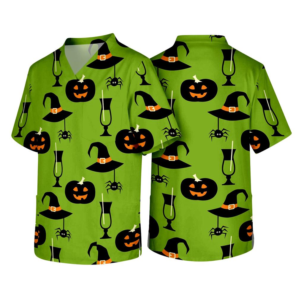 Men's Short Sleeve V Neck Halloween Print Medical Scrub Top with Chest Pocket Comfortable Fit Workwear for Healthcare Professionals