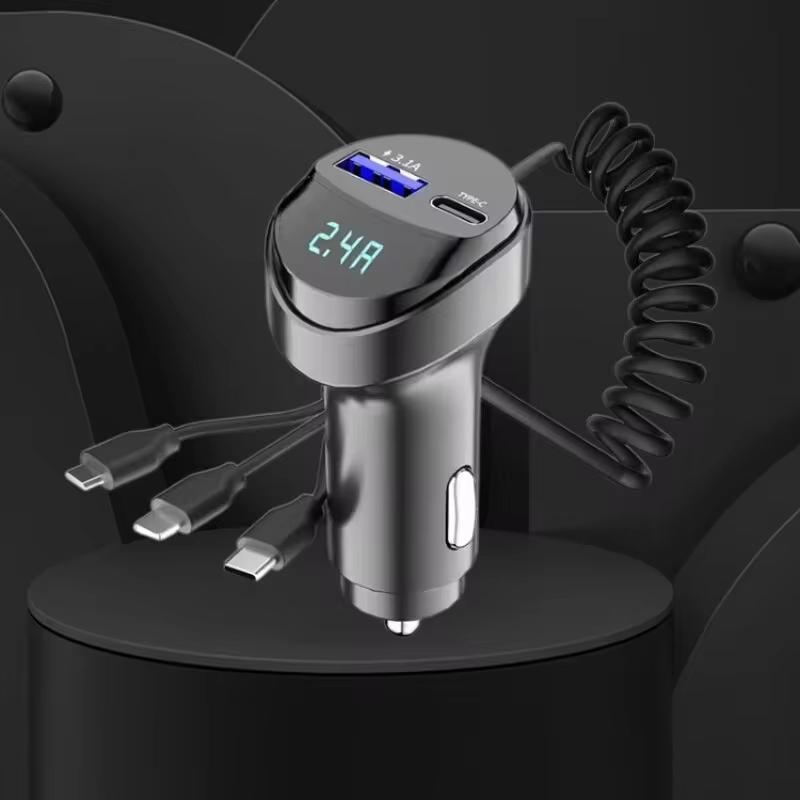 3in1 Car Bluetooth 5.0 FM Transmitter Audio MP3 Player 55W Fast Charging Car Charger with Retractable Cable Voltmeter 3.1A USB Type C Phone Charger