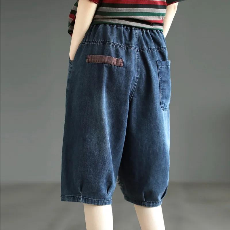Calça Média Retro de Verão Feminina Patchwork de Tecido Splicing Jeans Seis Pontos Cintura Elástica Feminina Calças Jeans Curtas Casuais