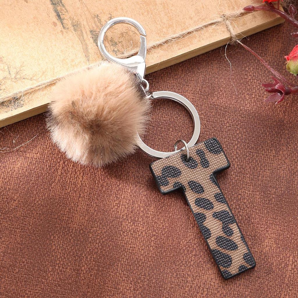 Western Cowboy Leopard Print Leather Keychain with Acrylic Letter and Plush Ball Accessories
