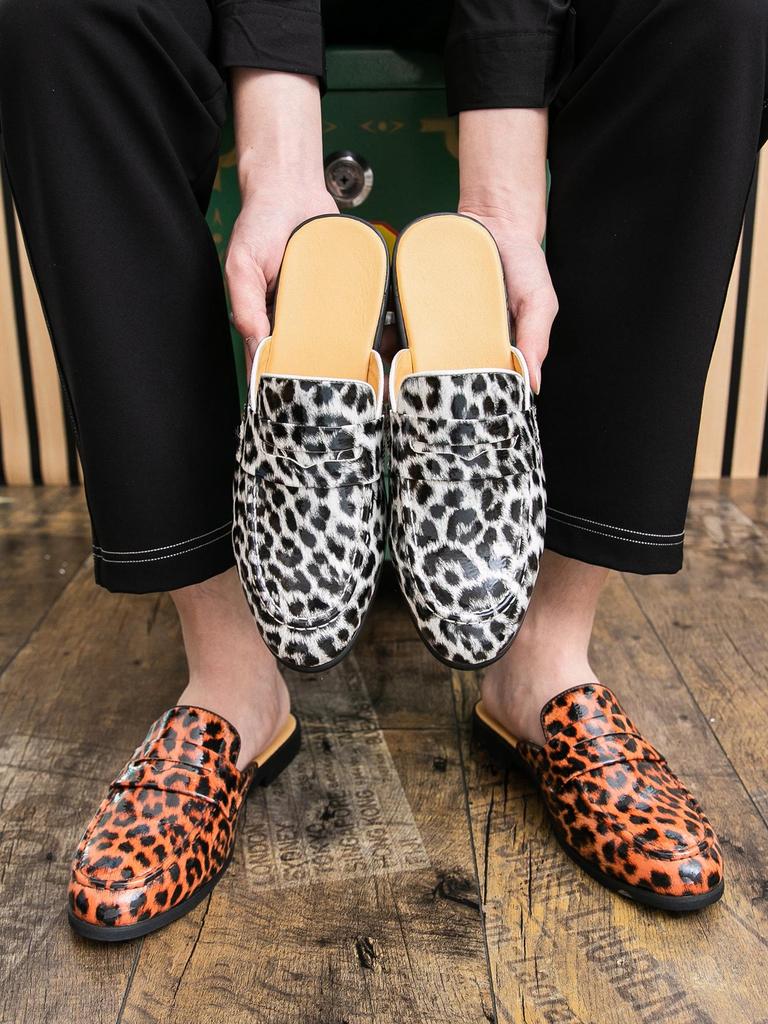 Men's Trendy Leopard Print Leather Slip-On Shoes, Size 46 - Summer Casual Backless Slippers