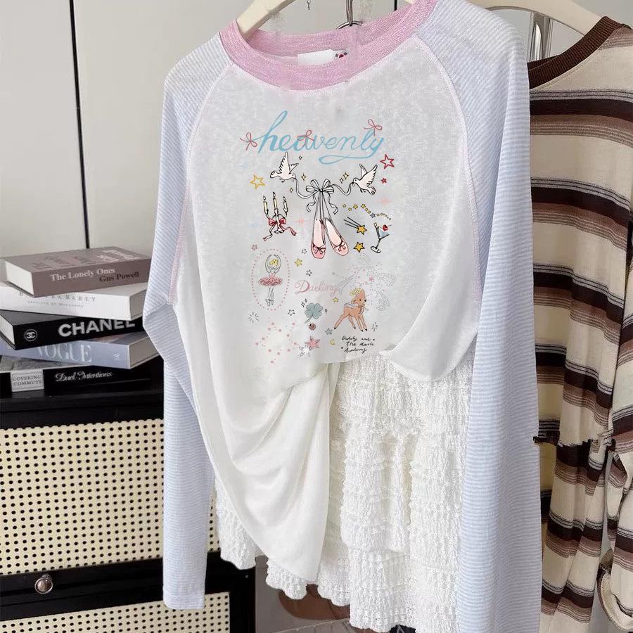 Women's Cartoon Print Long Sleeve Raglan Sun Protection Top - Autumn T-shirt