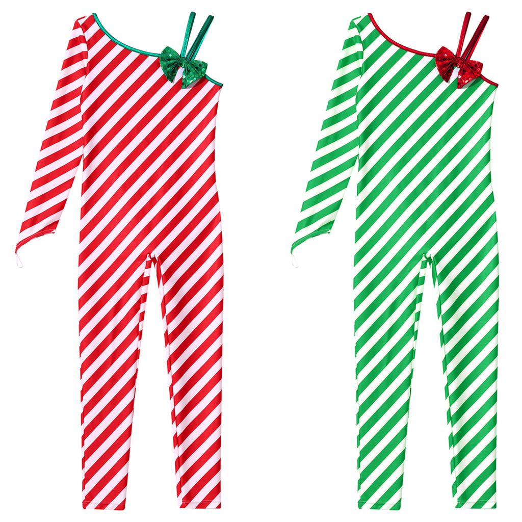 Girls Christmas Candy Cane Striped Unitard One Shoulder Long Sleeve Jumpsuit Ballet Dance Performance Costume