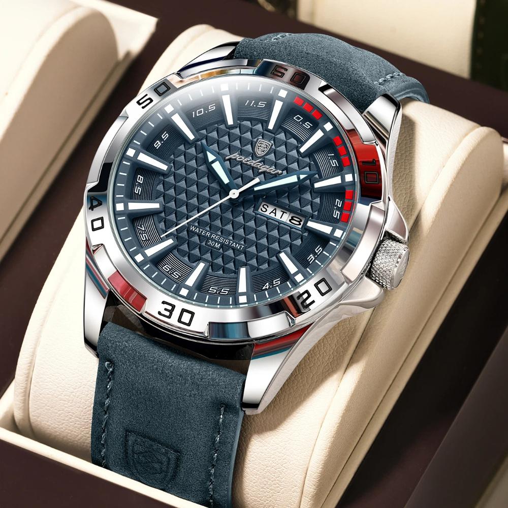 POEDAGAR Original Man Wristwatch Top Luxury Waterproof Luminous Date Week Watch for Men Quartz Sport Leather Watches Reloj