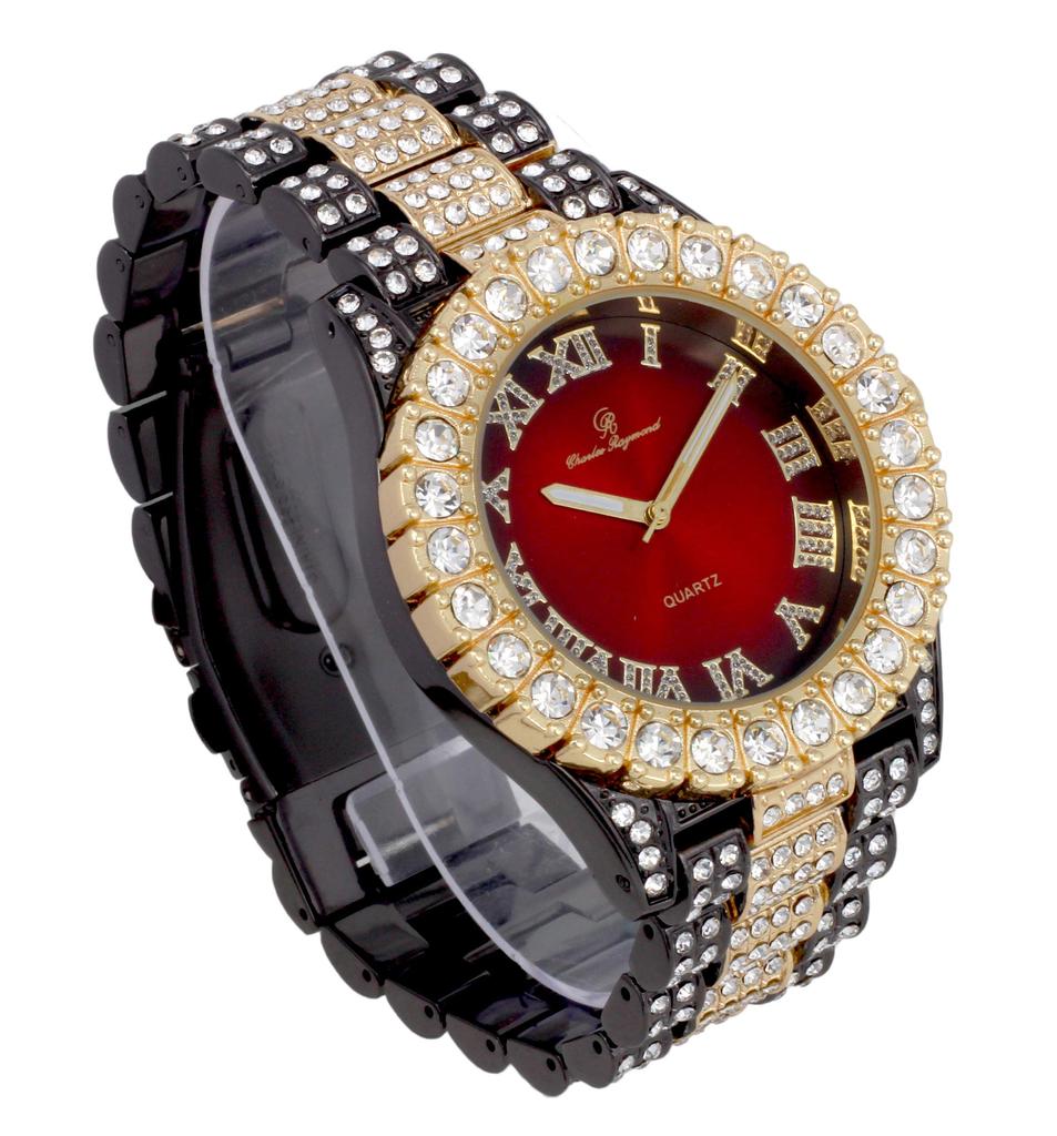 Charles Raymond Big Rock Roman Numeral Full Iced Out Colorful Dial Watch ST10327 RN GunGold Blood 8 Inches Inside ST10327 RN Single Blood Men's